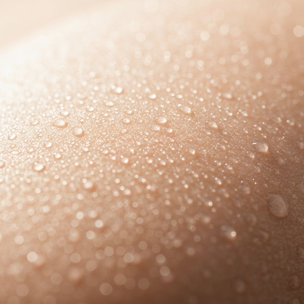 Macro photography of dewy hydrated skin surface with water droplets