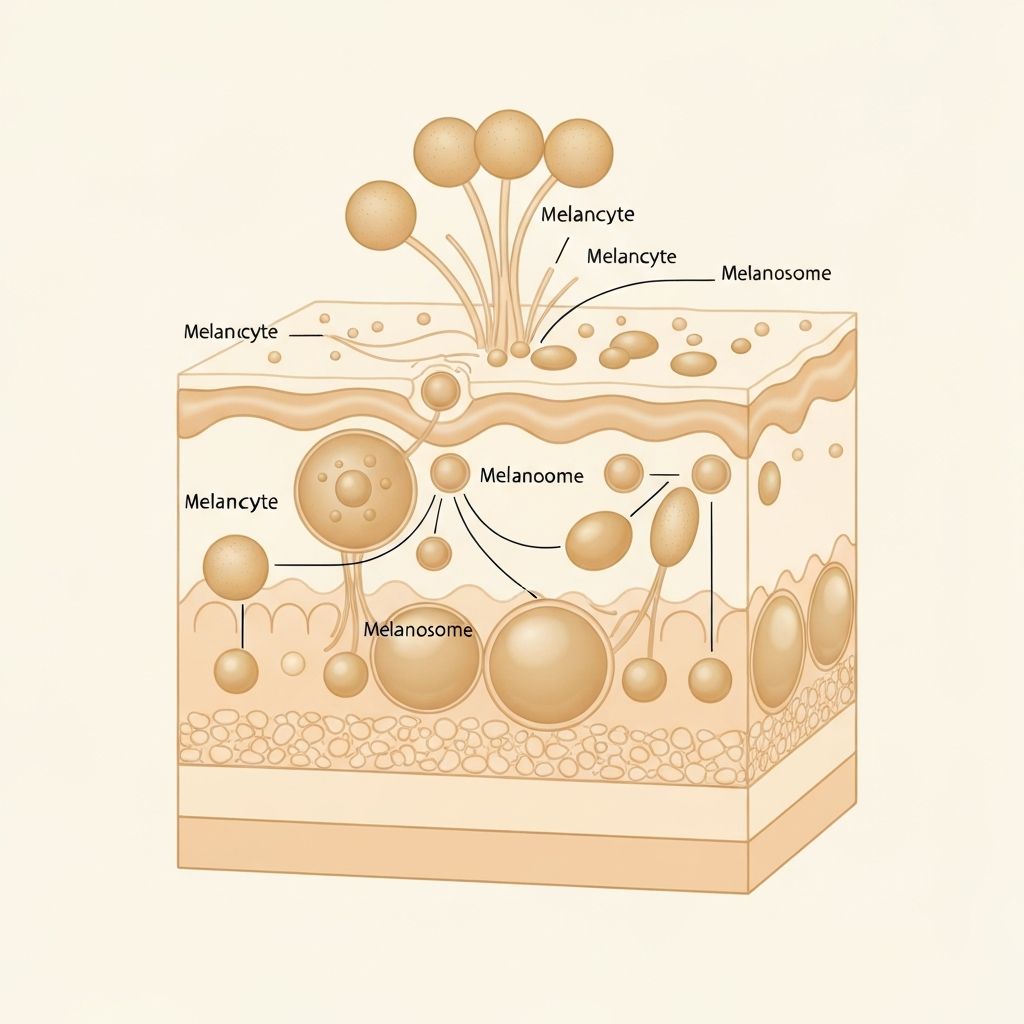 Scientific illustration of the melanocyte pigmentation pathway in skin layers